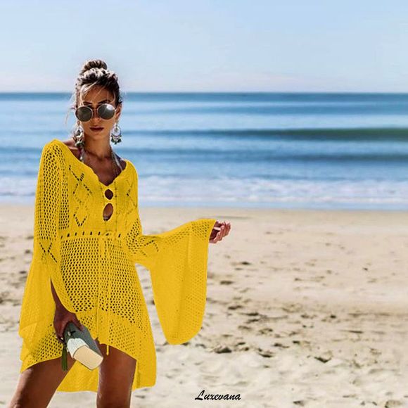 Sexy Crochet Dress Cover Up Long Sleeve Hollow Out - Picture 3 of 4